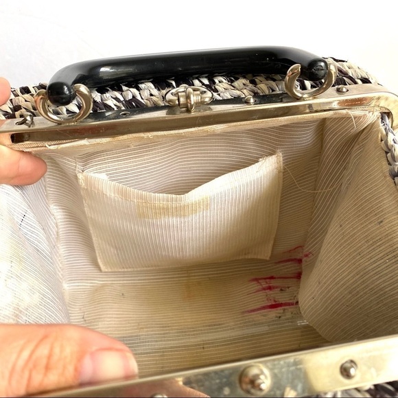 Vintage 50s Box Bag Woven Raffia Straw Purse Gray Black Cottagecore Lunchbox - Picture 10 of 12